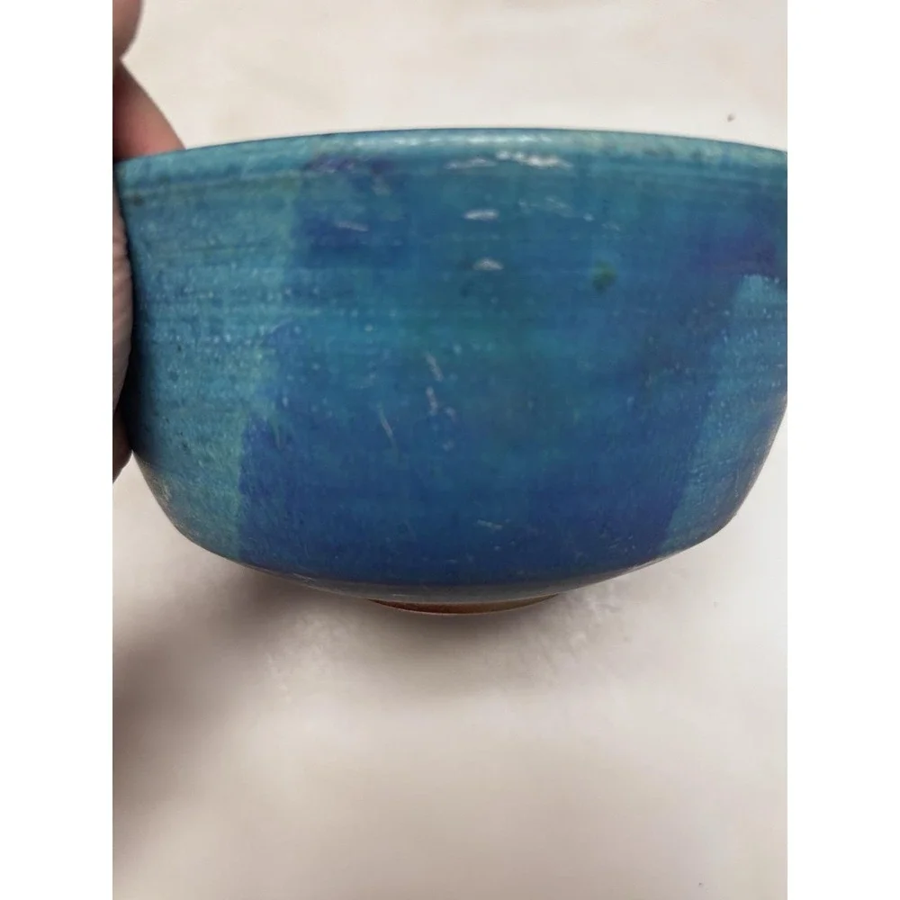 Vintage‎ Handmade Earthenware Serving Bowl In Aqua And Blue 8.5 In
